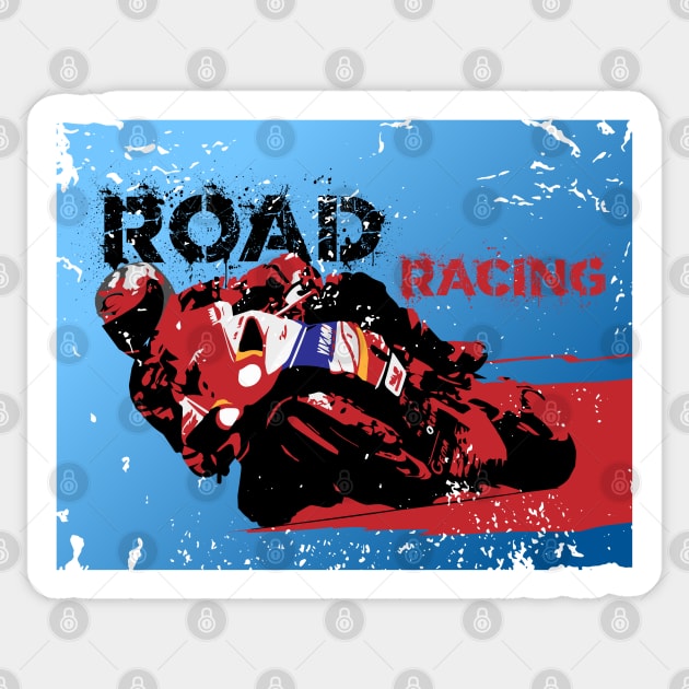 Road racer motorbike silhouette on grunge background Sticker by MultistorieDog
